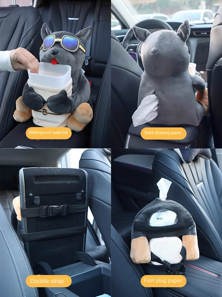 Car Mounted Tissue Box 2-in-1 Cartoon Plush Doll Auto Armrest Box Hanging Paper Drawer Storage Car Trash Can And Tissue Holder