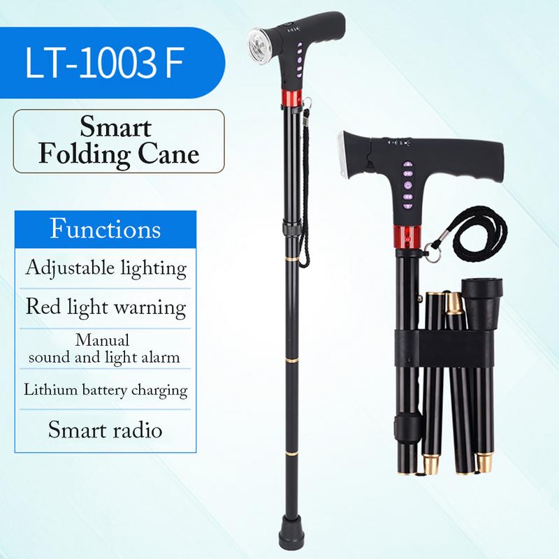 Adjustable Folding Cane With Alarm Led Light Radio And Cushionable T-handle Hiking Poles Cane Walking Stick For Elder Crutch