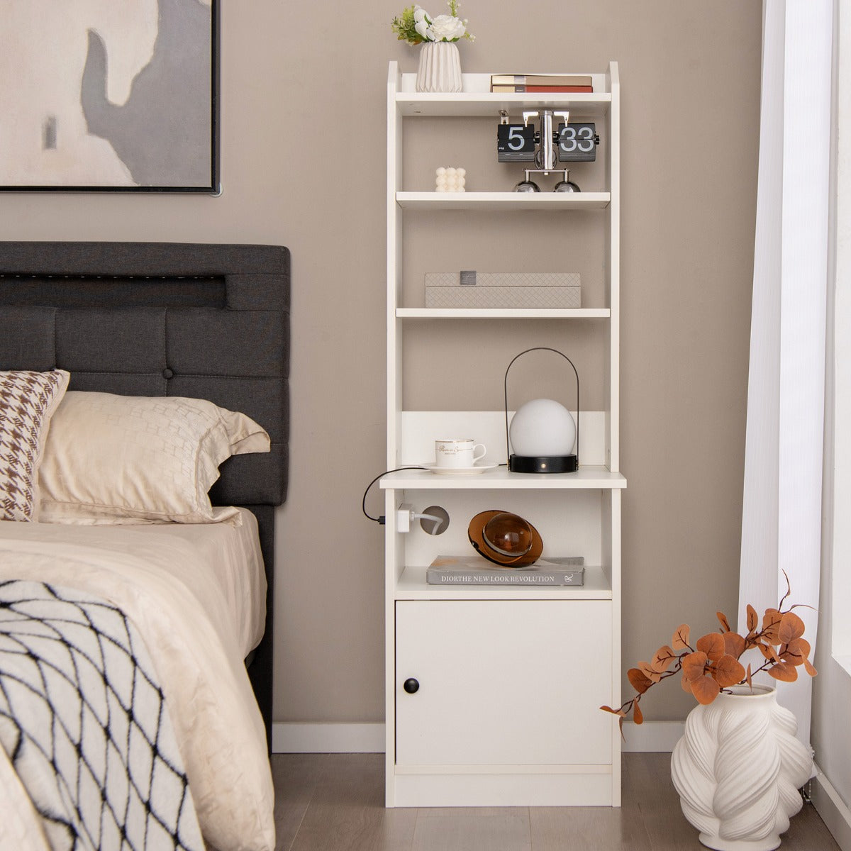 Nightstand with Charging Station, Bedside Table with 6-Level Adjustable Shelves,