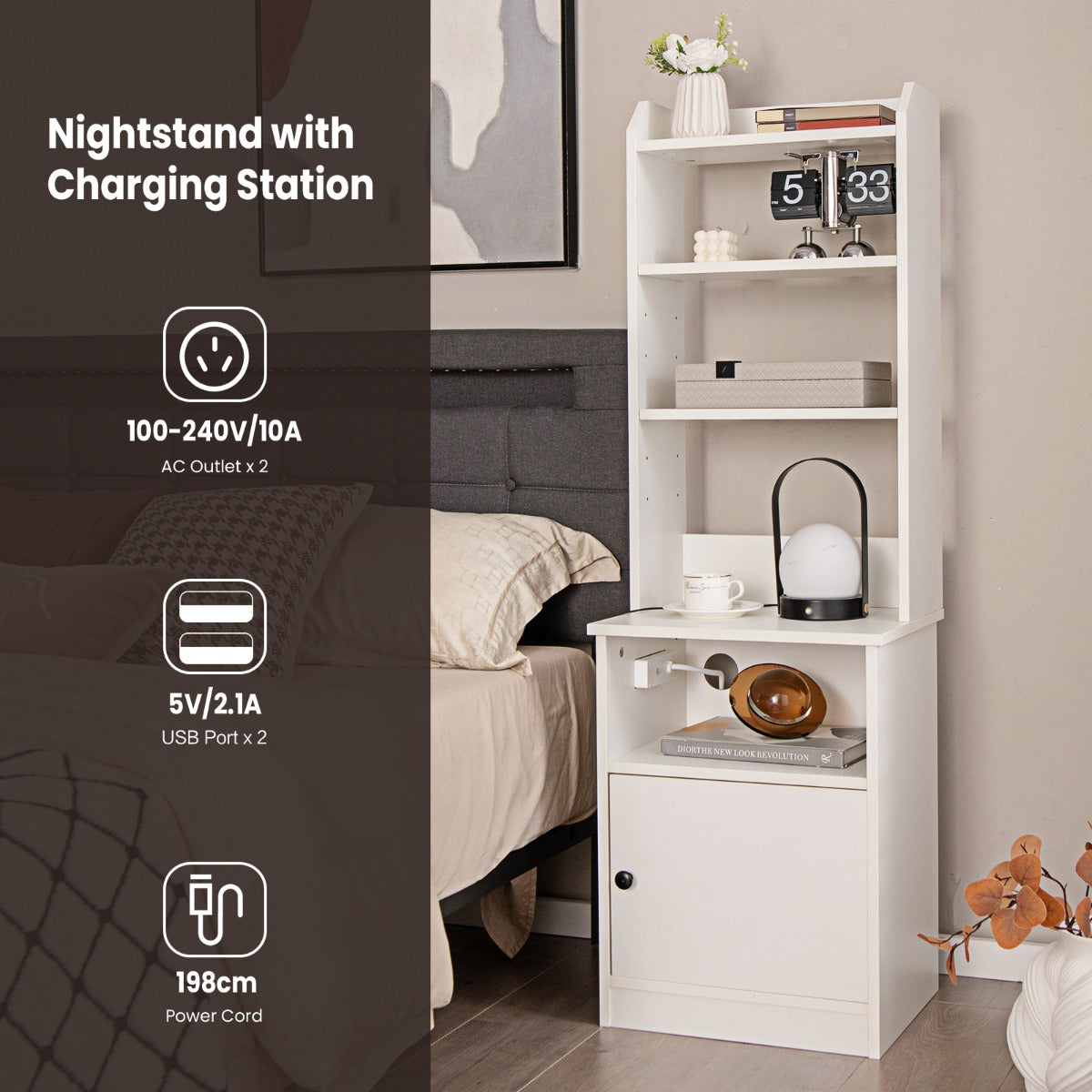 Nightstand with Charging Station, Bedside Table with 6-Level Adjustable Shelves,