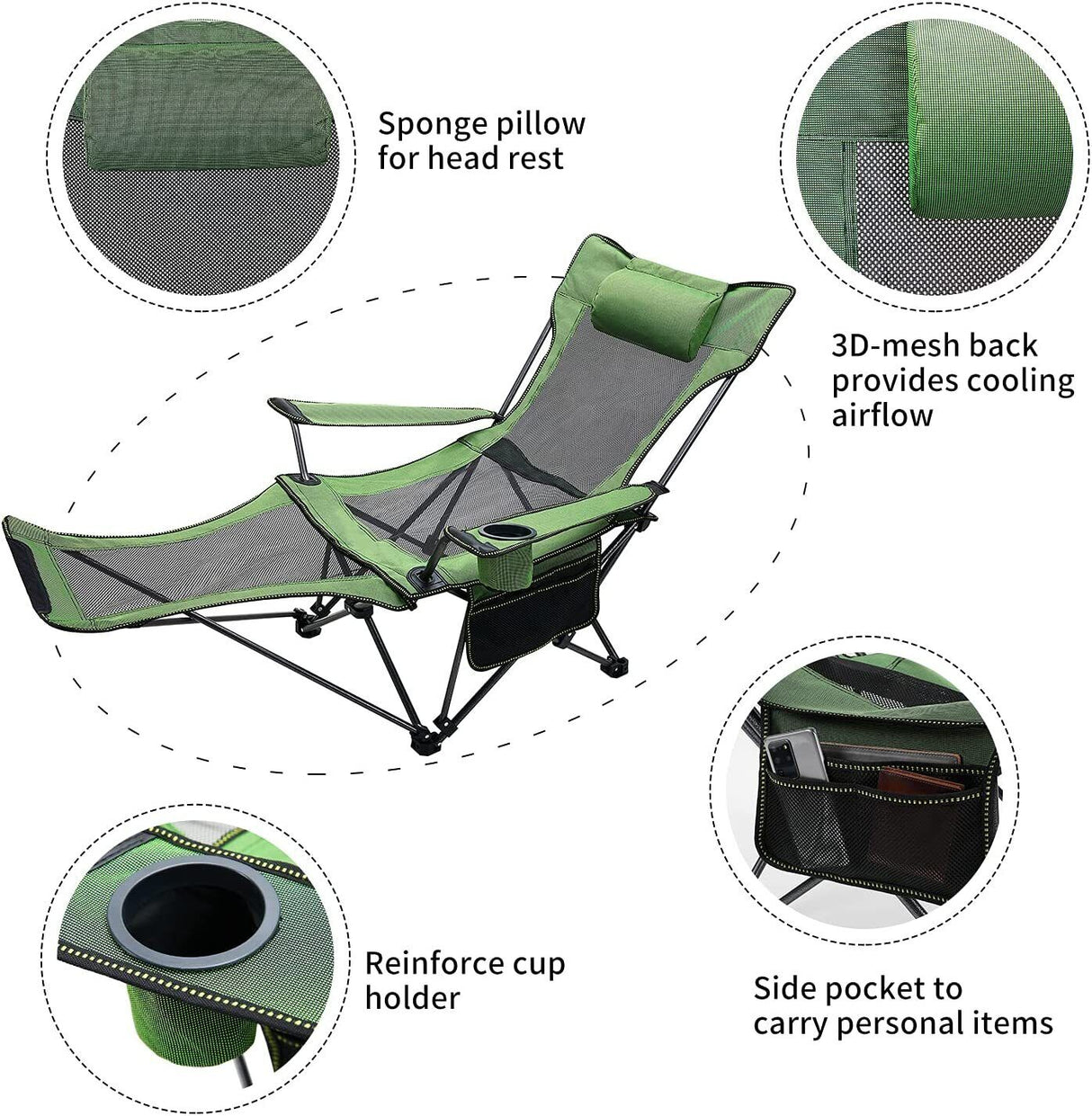 Portable Reclining Camping Chair Footrest,Headrest & Storage Bag,Mesh Recliner