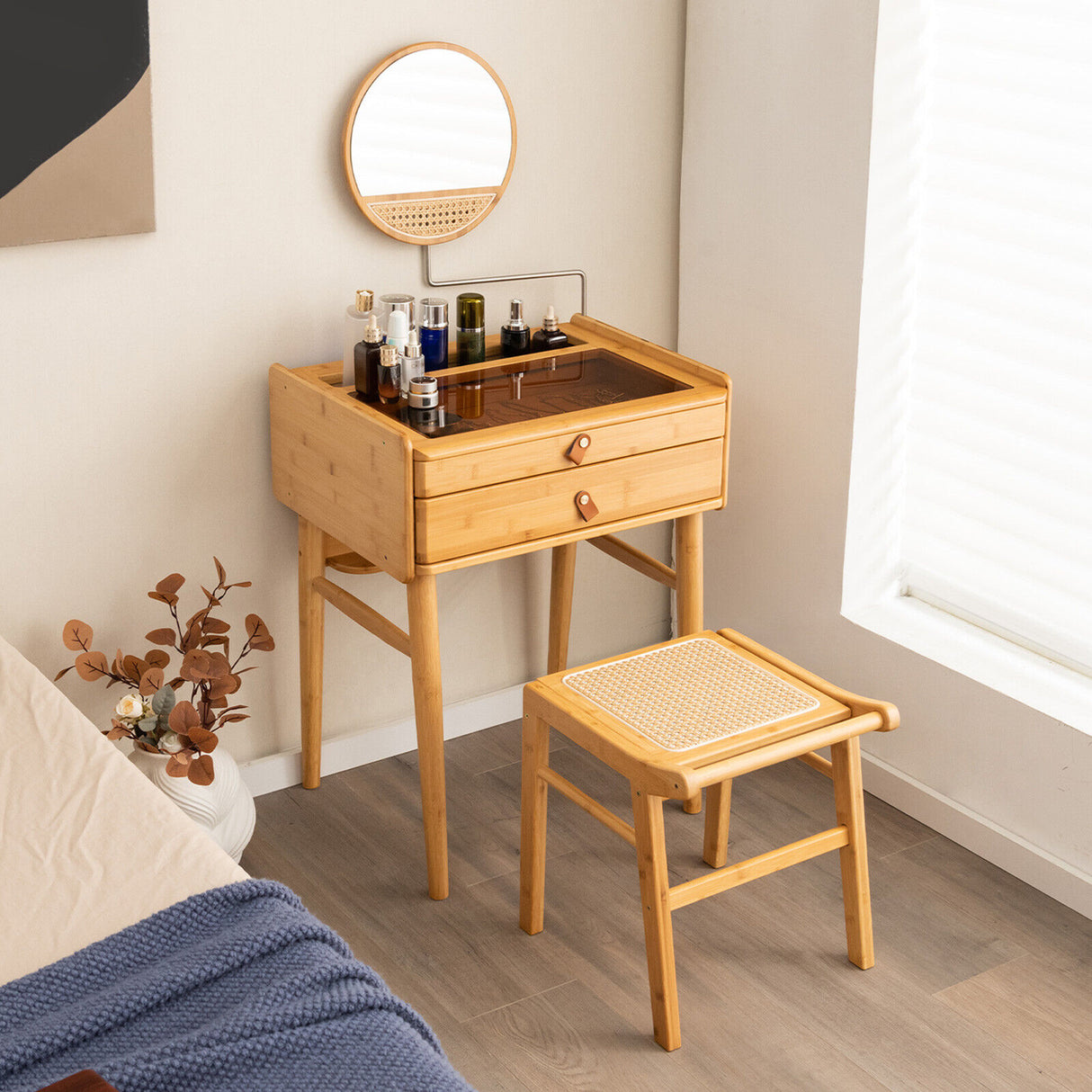 Makeup Vanity Table w/ Mirror Bamboo Dressing Table w/ Storage Drawers Bedroom