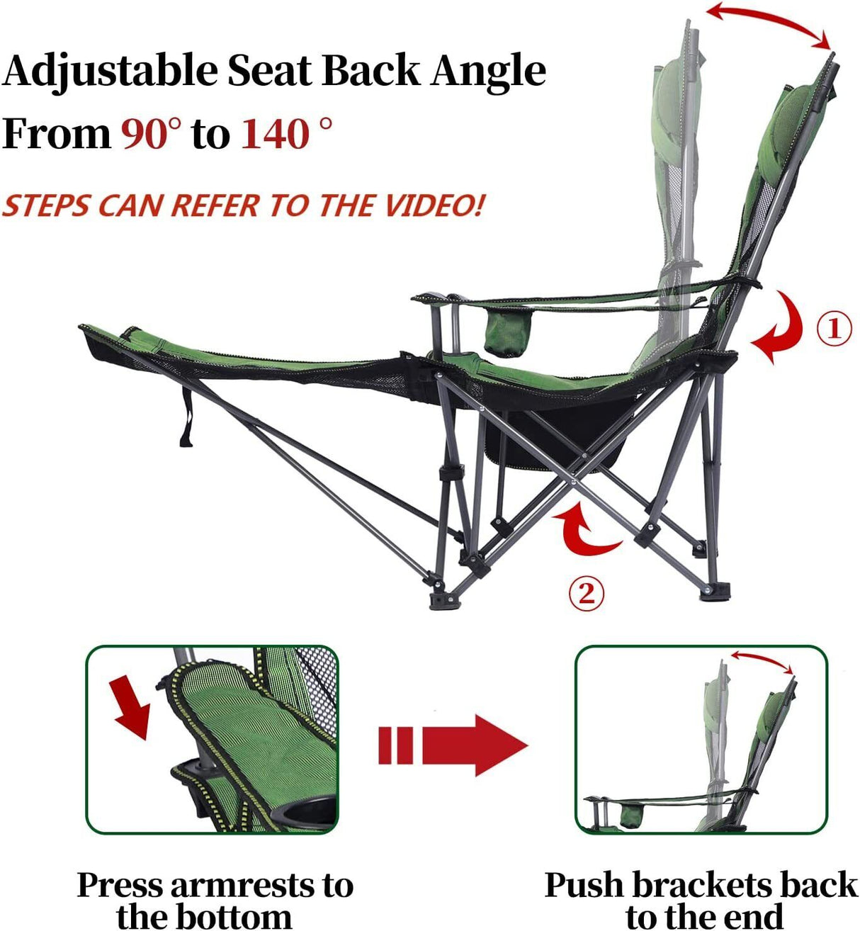 Portable Reclining Camping Chair Footrest,Headrest & Storage Bag,Mesh Recliner