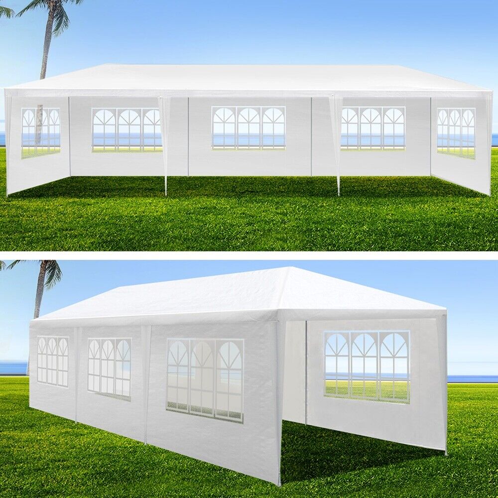 3x9 Marquee Gazebo, Camping Tent Wedding Gazebos Garden Shed Outdoor Party Canopy Patio Carport Car, White 6 Window Wall 2 Door Panel Carry Bag Water Resistant and UV