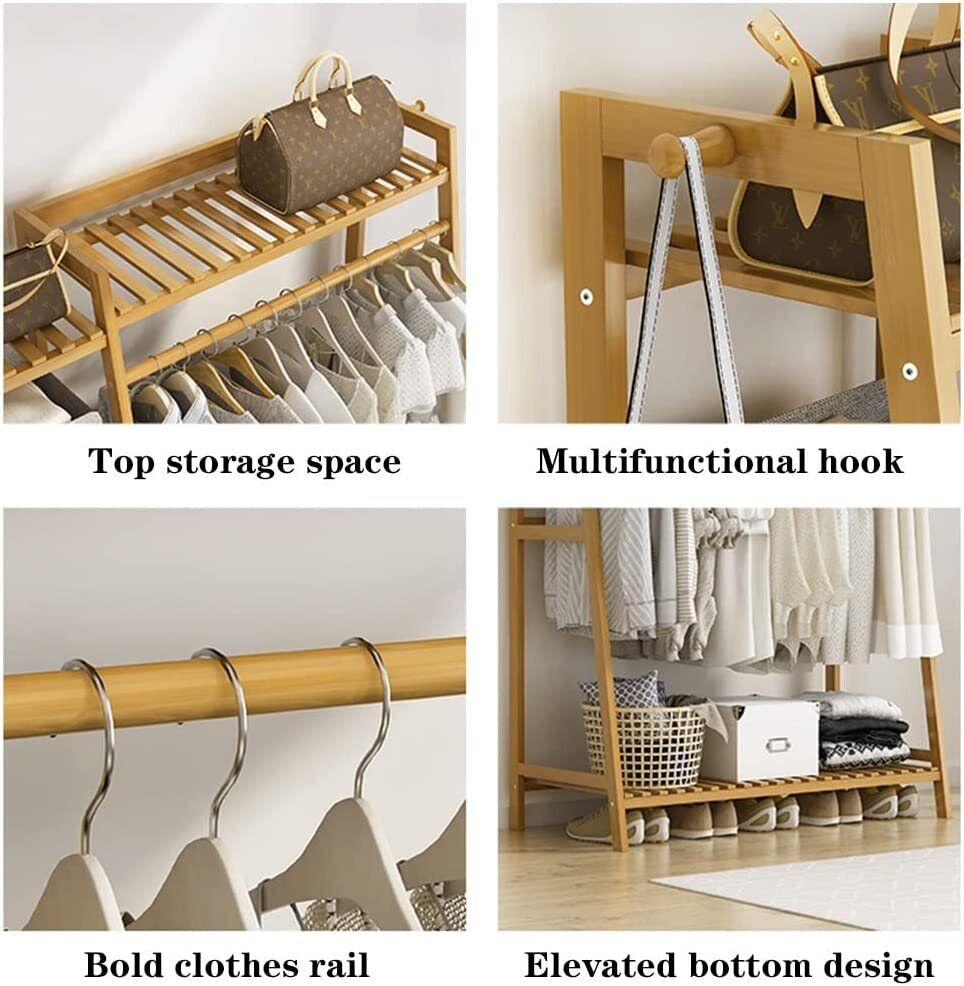 Portable Clothes Rack Coat Garment Stand Bamboo Rail Hanger Airer Closet