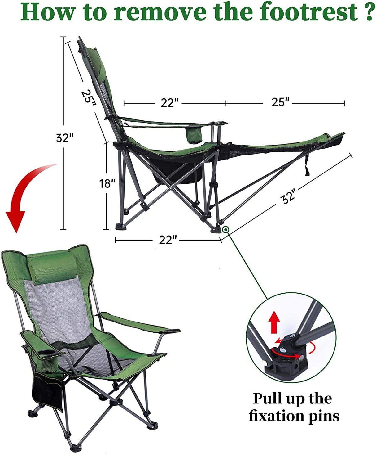 Portable Reclining Camping Chair Footrest,Headrest & Storage Bag,Mesh Recliner