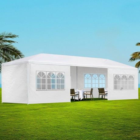 3x9 Marquee Gazebo, Camping Tent Wedding Gazebos Garden Shed Outdoor Party Canopy Patio Carport Car, White 6 Window Wall 2 Door Panel Carry Bag Water Resistant and UV