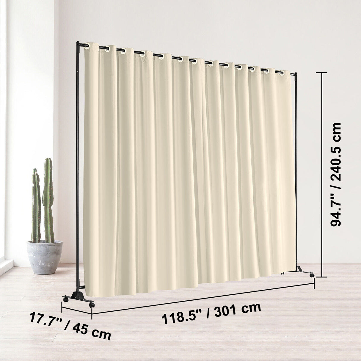 Room Divider Panel Privacy Screen Curtain Stand w/ Wheels 301 x 240cm