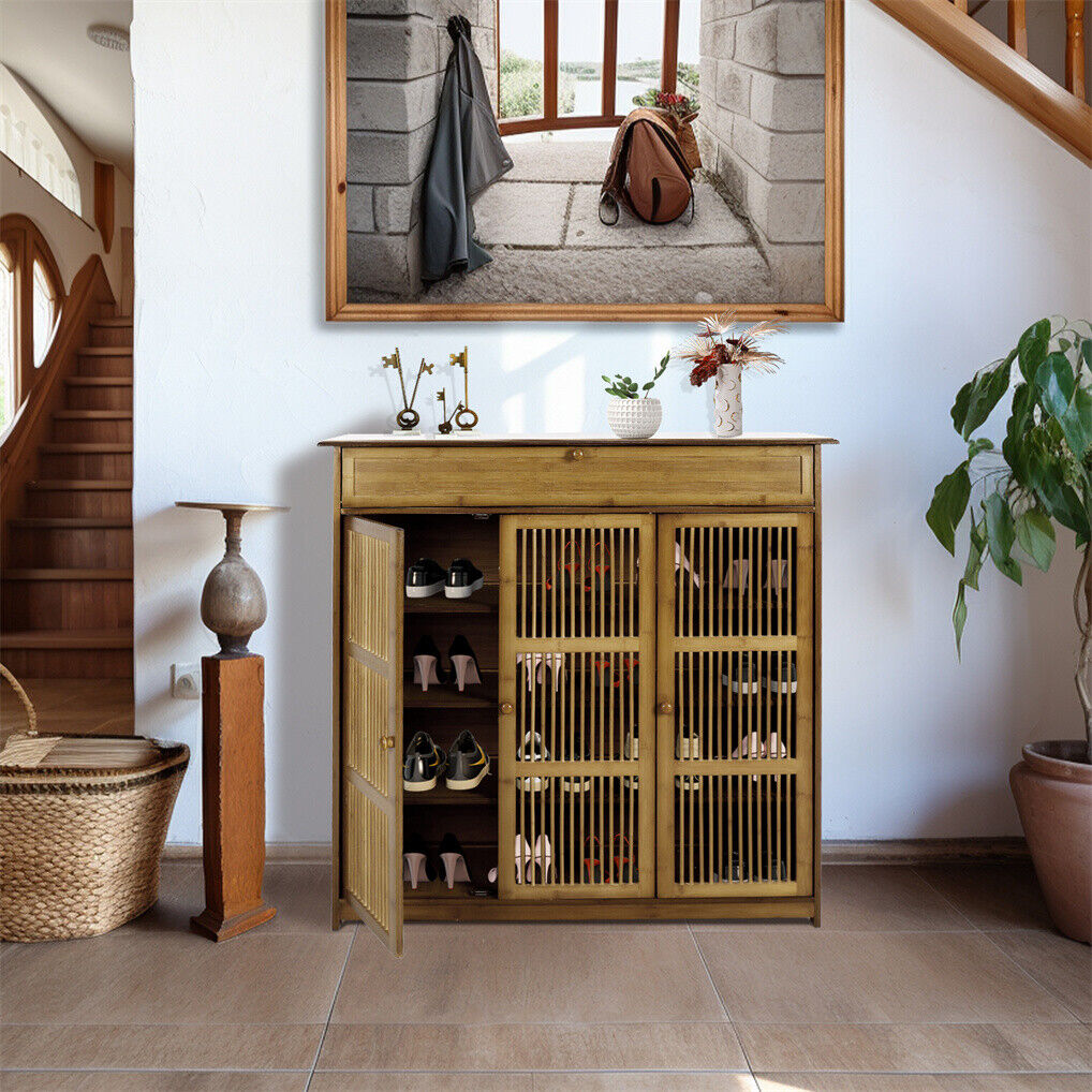 Bamboo Shoe Rack Cabinet with Large Drawer Freestanding Organizer for Entryway