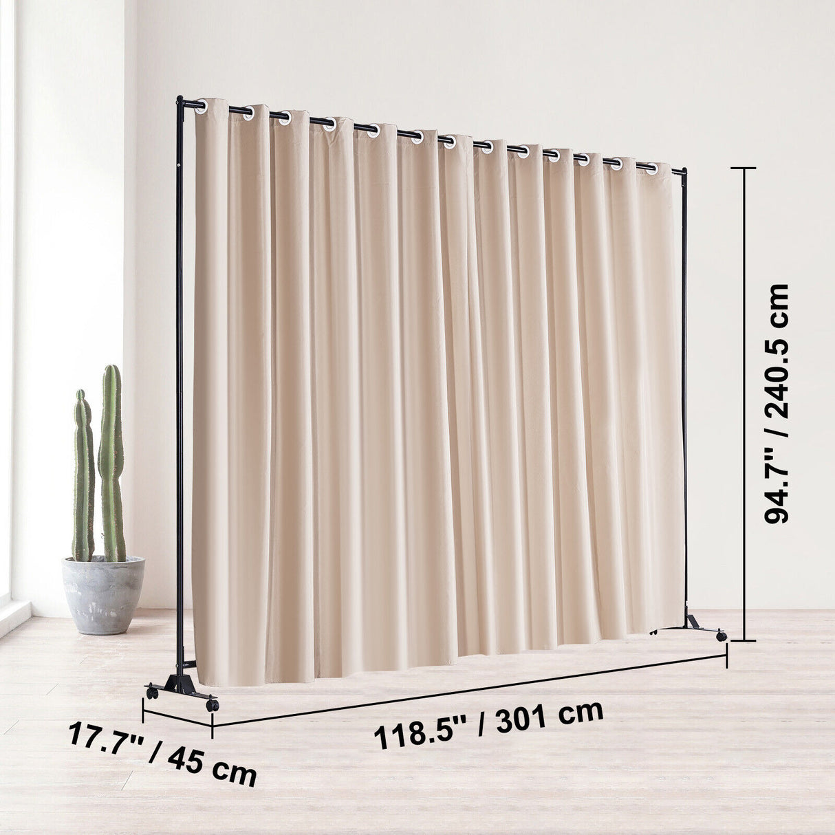 Room Divider Panel Privacy Screen Curtain Stand w/ Wheels 301 x 240cm