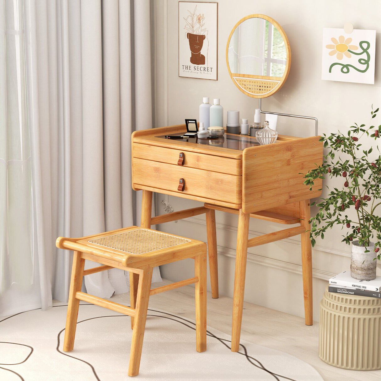 Makeup Vanity Table w/ Mirror Bamboo Dressing Table w/ Storage Drawers Bedroom