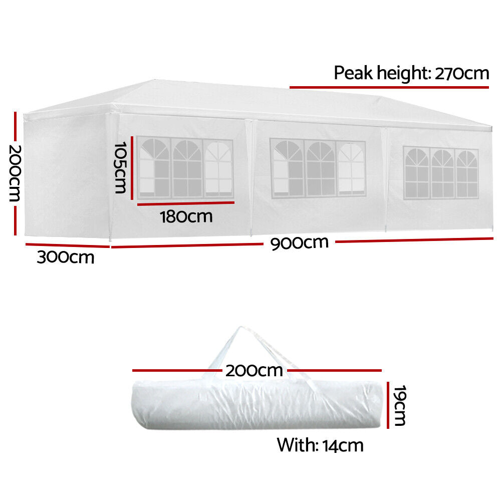 3x9 Marquee Gazebo, Camping Tent Wedding Gazebos Garden Shed Outdoor Party Canopy Patio Carport Car, White 6 Window Wall 2 Door Panel Carry Bag Water Resistant and UV