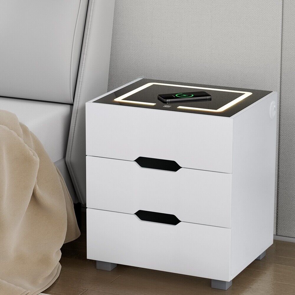 Smart Bedside Table 3 Drawers with Wireless Charging Ports LED Lights