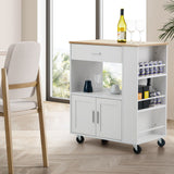 Kitchen Island Trolley, Rolling Kitchen Serving Trolley w/ 3 Spice Racks, Drawer, Open Shelf & Large Cabinet, Portable Workbench Utility Storage Cart w/ Towel Rack & 2 Lockable Casters, White