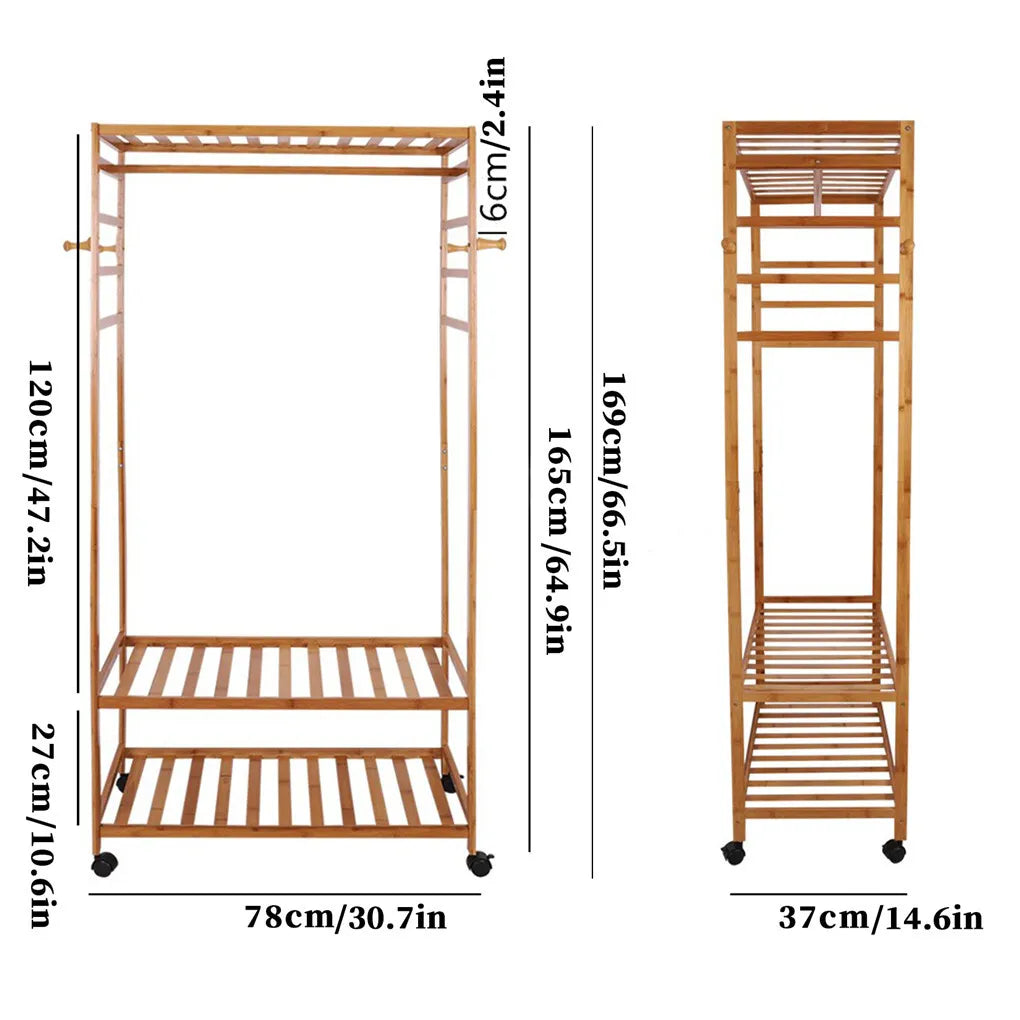 Heavy Duty Wooden Clothes Rail Rack Garment Stand Corner Open Wardrobe w/ Wheels