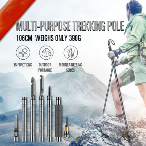 Ultralight Aluminum Trekking Hiking Poles Tactical Walking Stick Multi Tool Gray