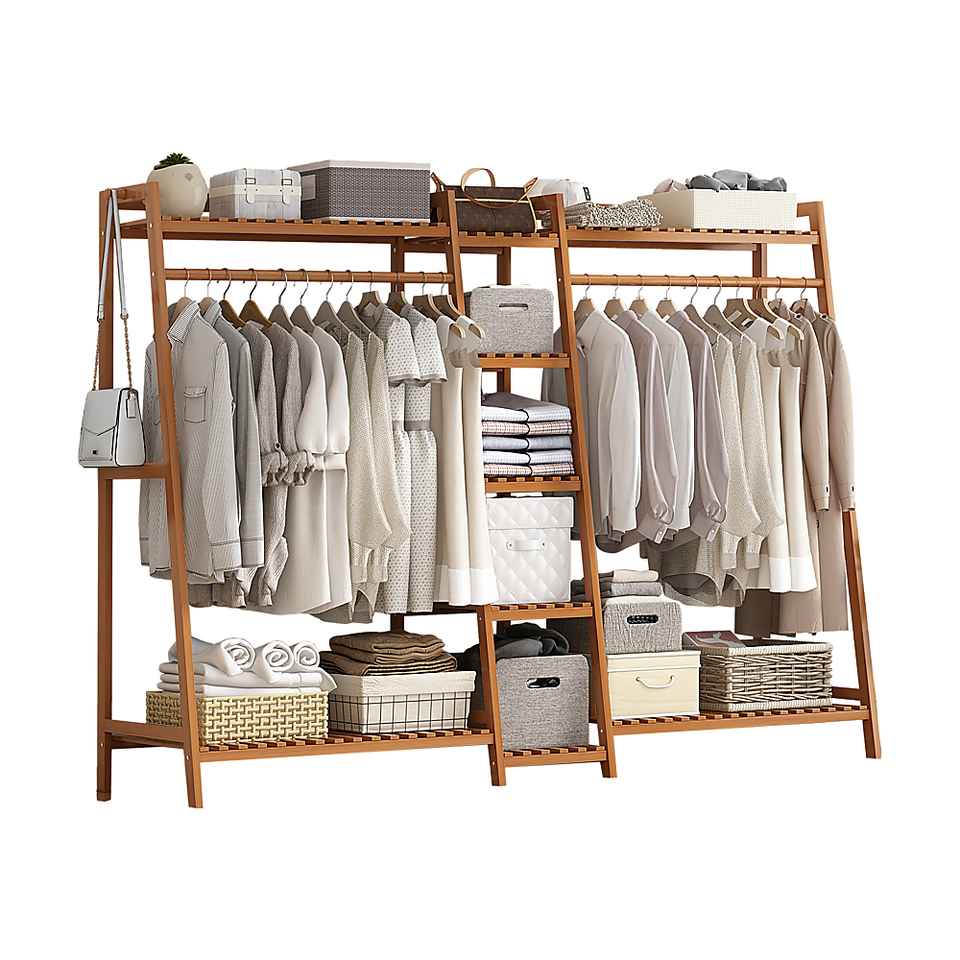 Portable Clothes Rack Coat Garment Stand Bamboo Rail Hanger Airer Closet