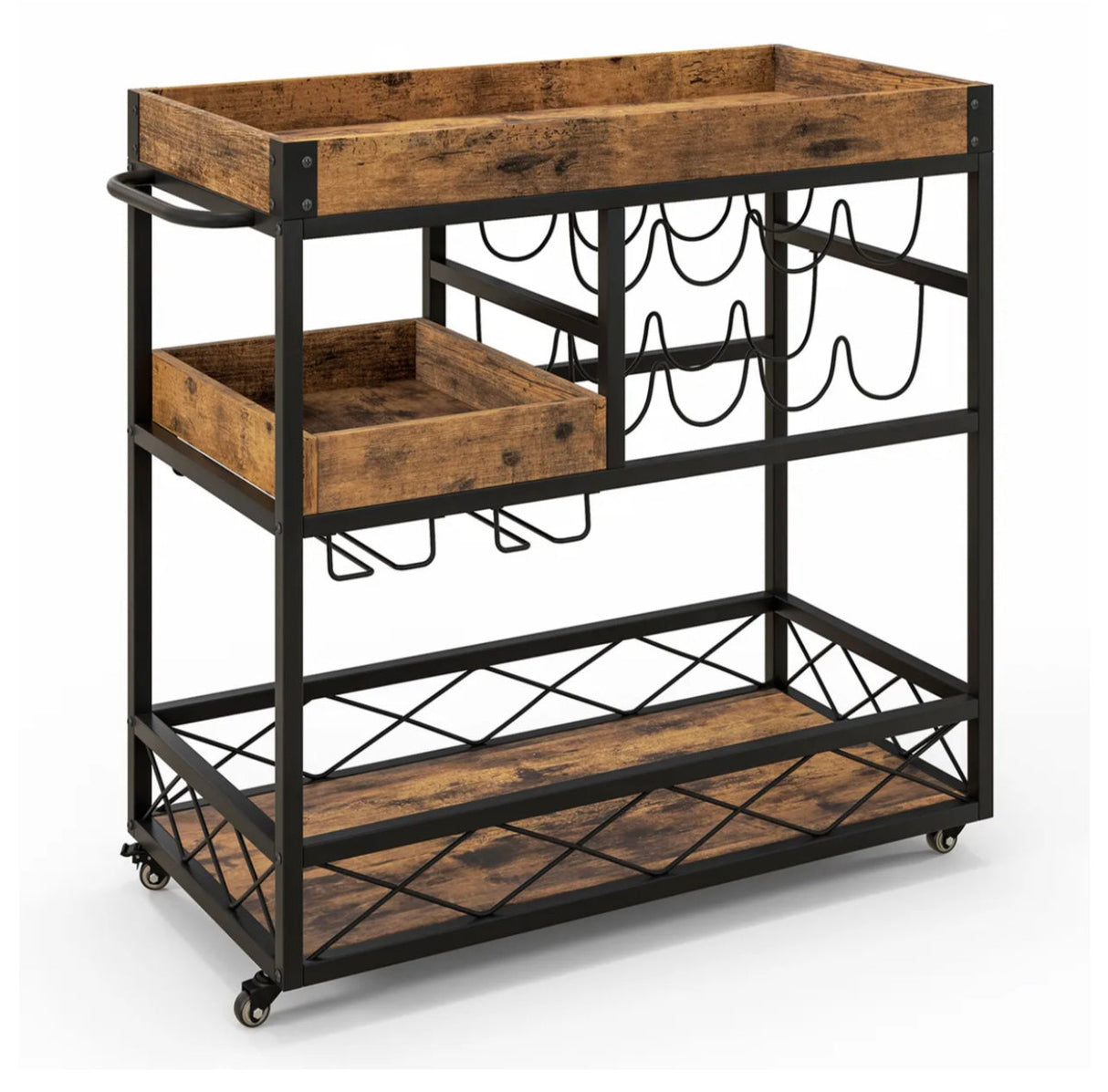 3-Tier Rolling Bar Cart with Removable Tray, Wine Rack & Glass Holder