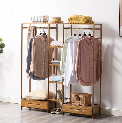 Clothes Rack Bamboo Garment Coat Hanger Stand Closet Organiser Shoes Storage