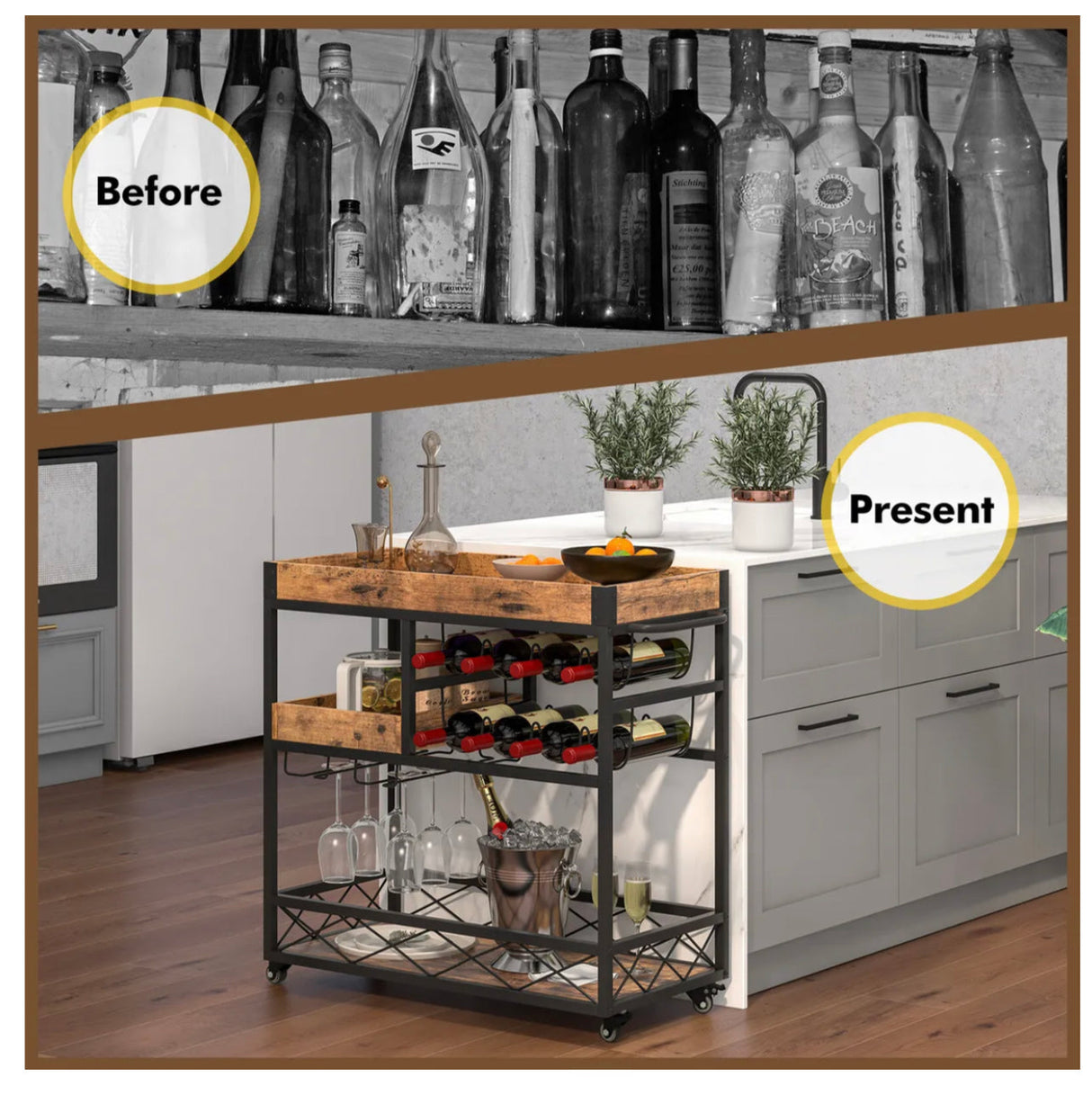 3-Tier Rolling Bar Cart with Removable Tray, Wine Rack & Glass Holder