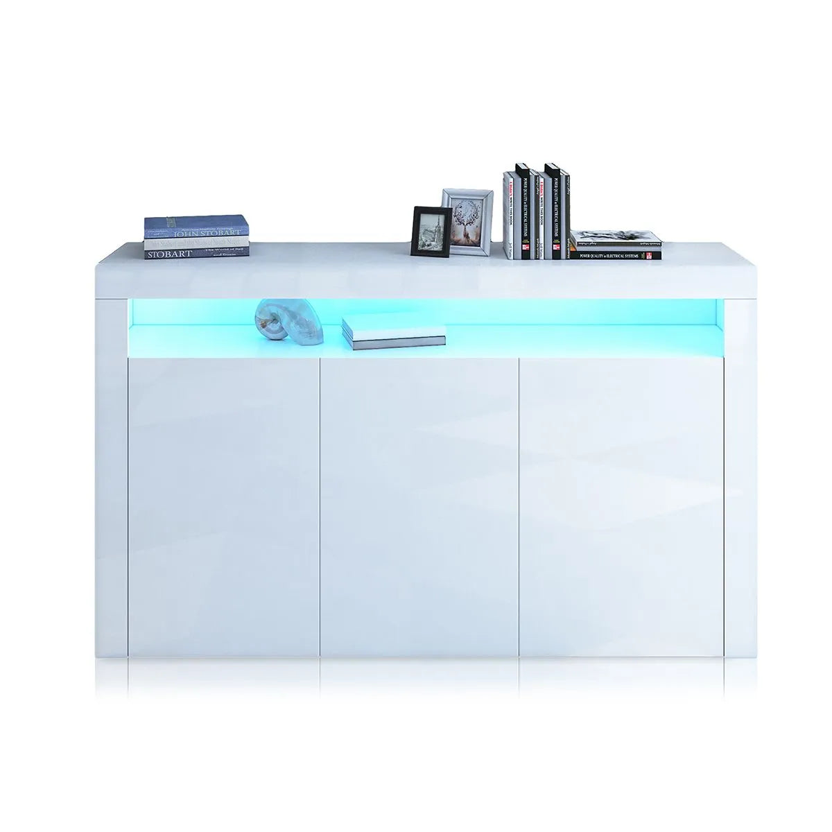 Modern 3 Doors Buffet Sideboard Cabinet High Gloss Cupboard w/ Free RGB LED WH