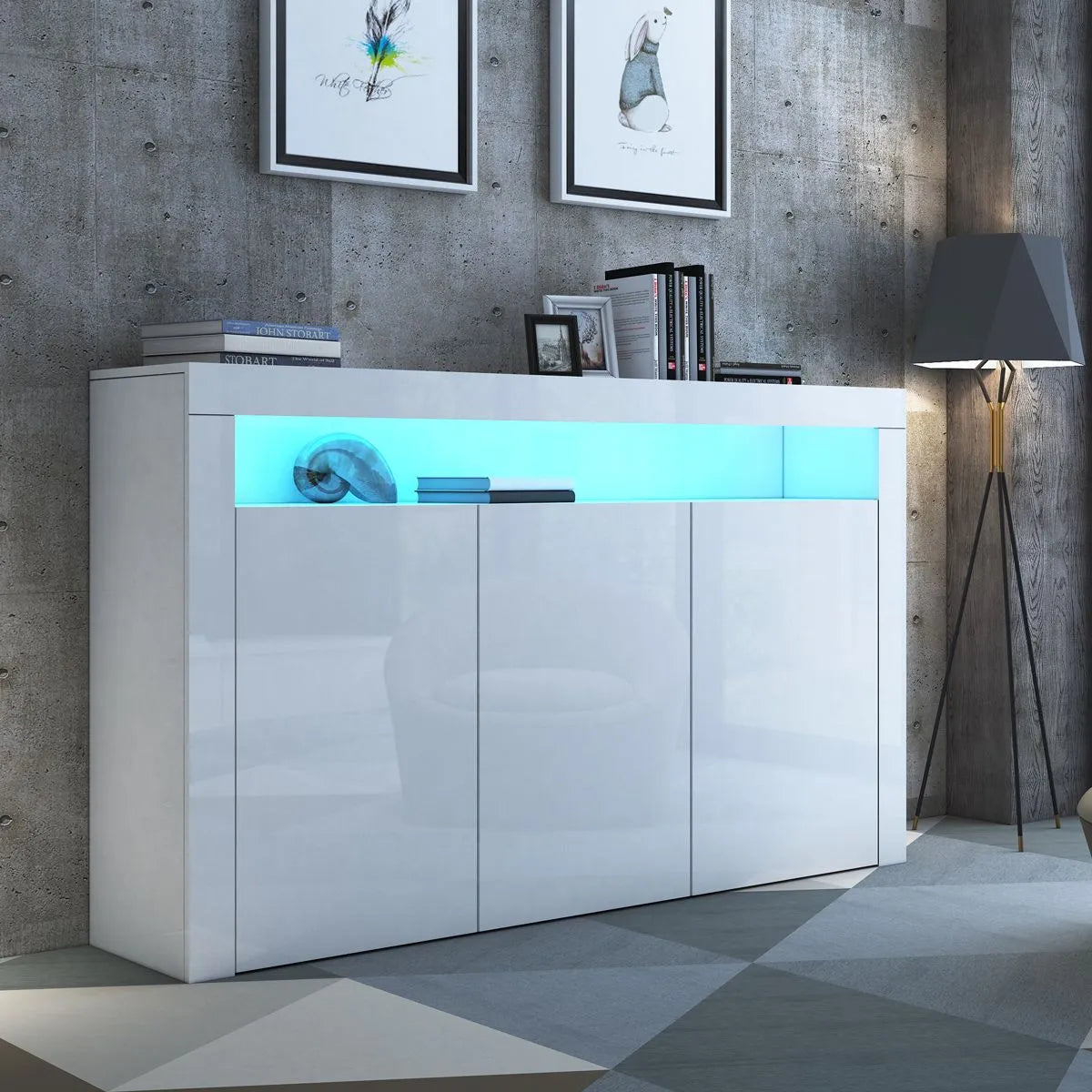 Modern 3 Doors Buffet Sideboard Cabinet High Gloss Cupboard w/ Free RGB LED WH