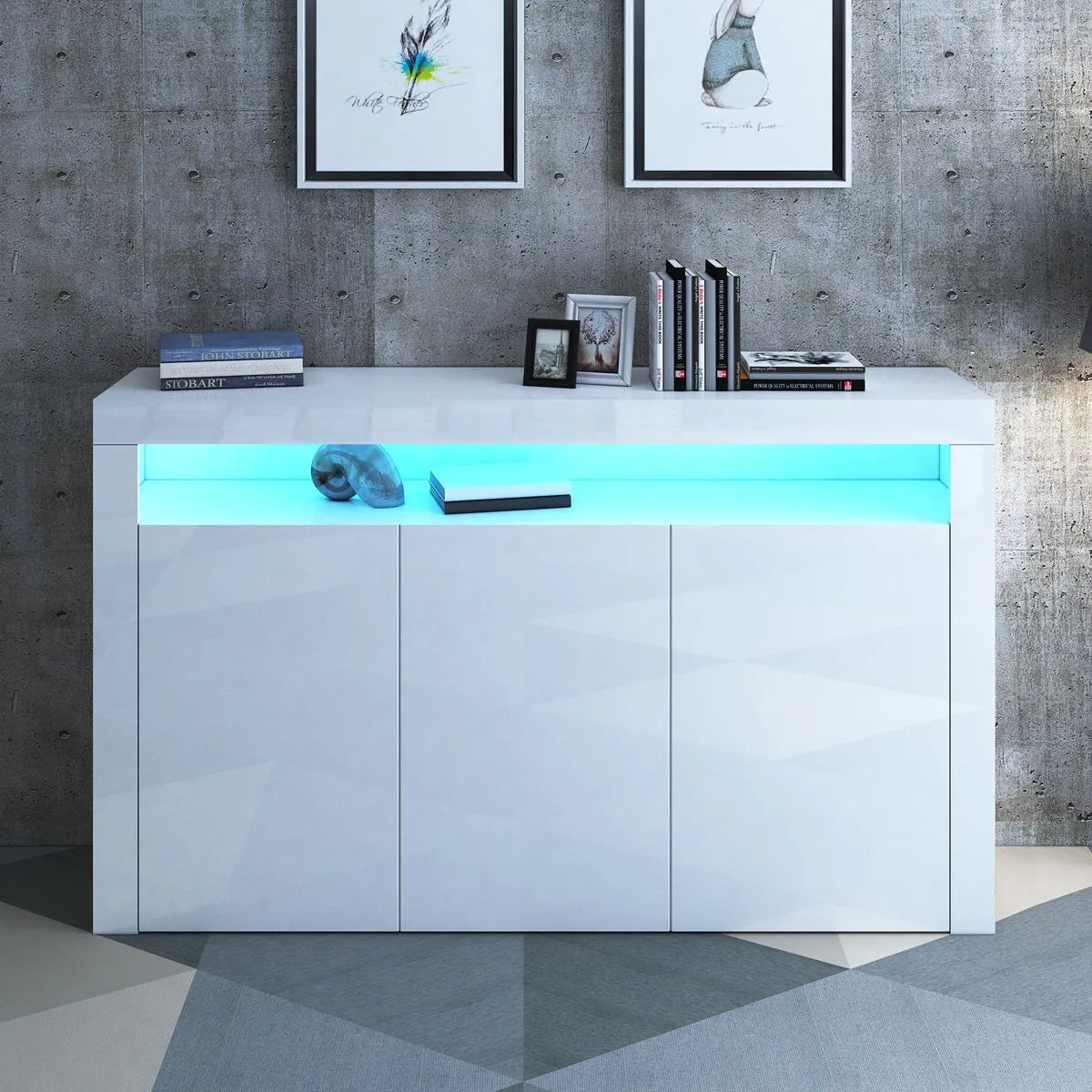 Modern 3 Doors Buffet Sideboard Cabinet High Gloss Cupboard w/ Free RGB LED WH