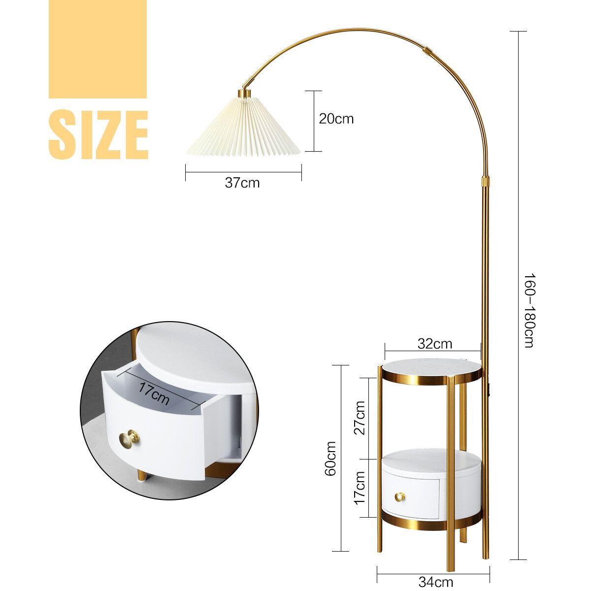 Gold Arc LED Floor Lamp Adjustable Corner Standing Reading Light Storage Shelves Living Room