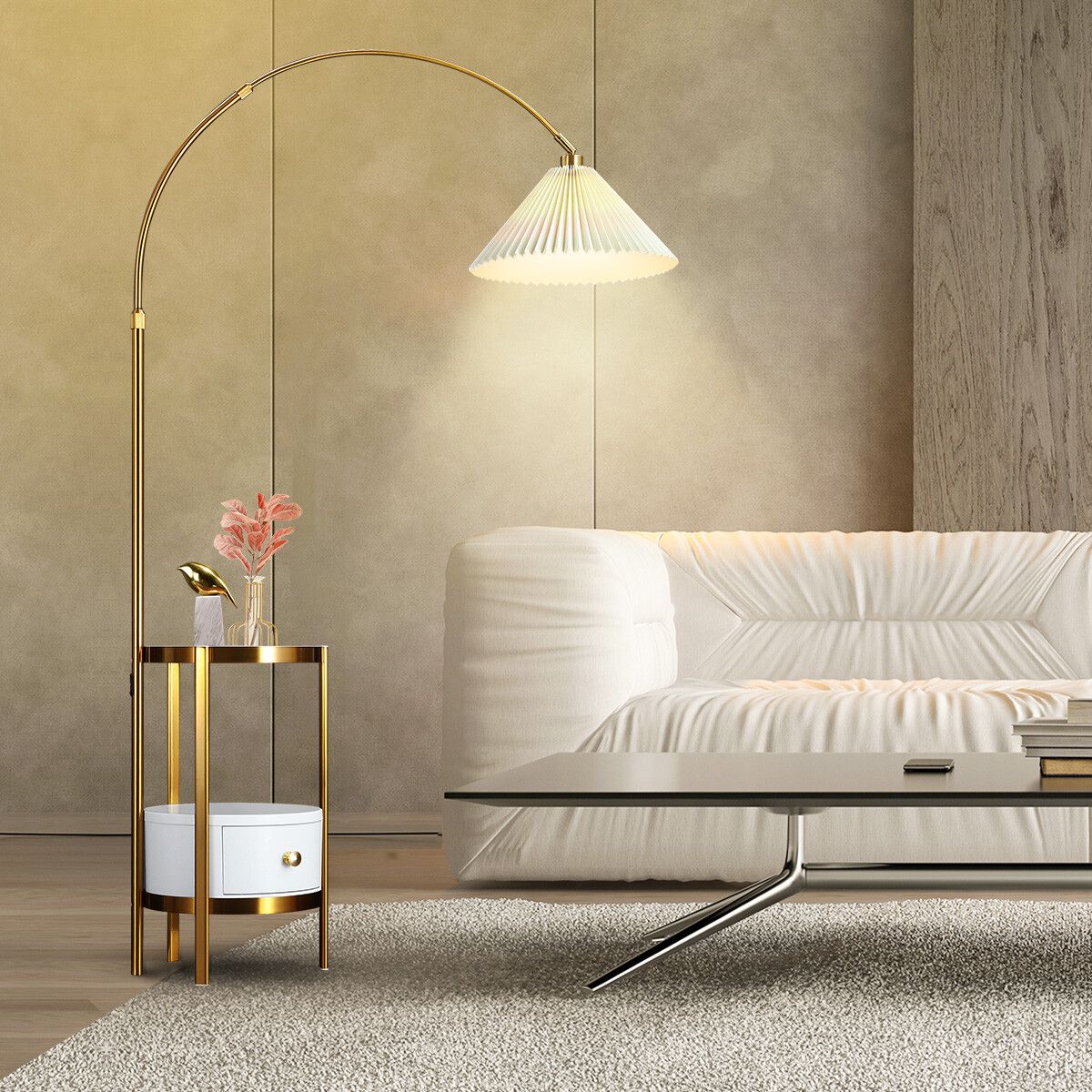 Gold Arc LED Floor Lamp Adjustable Corner Standing Reading Light Storage Shelves Living Room