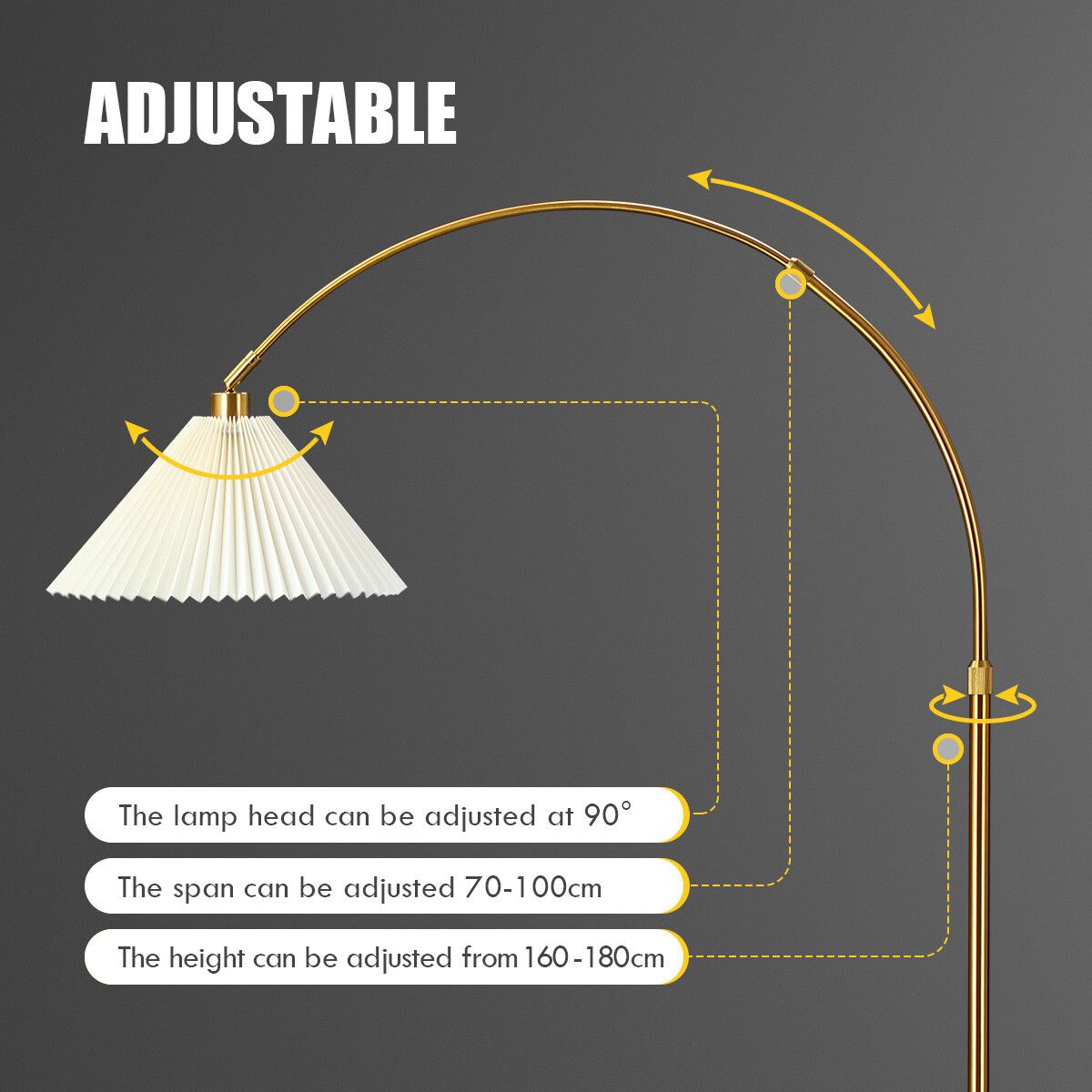 Gold Arc LED Floor Lamp Adjustable Corner Standing Reading Light Storage Shelves Living Room