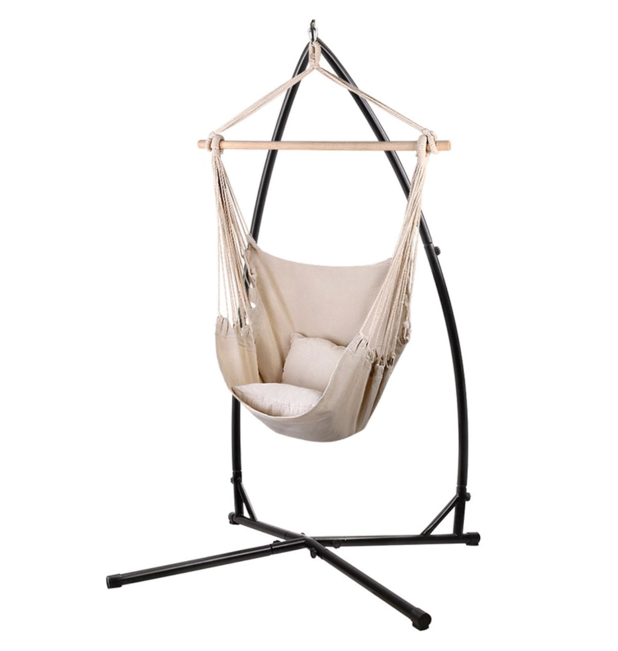 Gardeon Hammock Chair with Steel Stand Hanging Bed Outdoor Tassel Cream