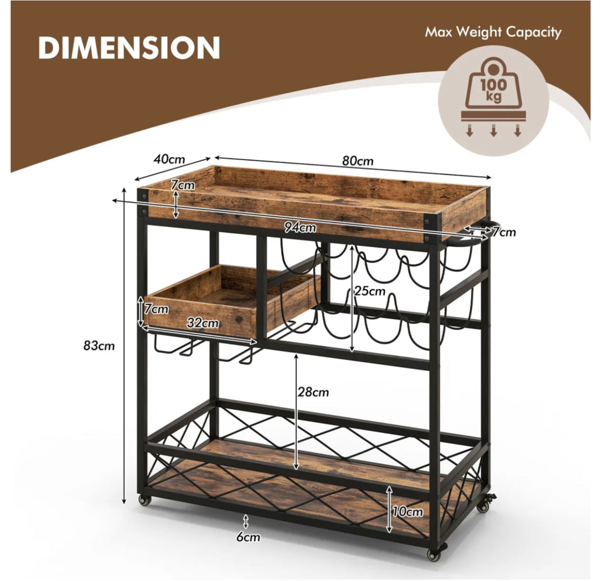 3-Tier Rolling Bar Cart with Removable Tray, Wine Rack & Glass Holder