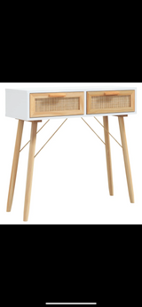 Console Table White 80x30x75 cm Solid Wood Pine&Natural Rattan