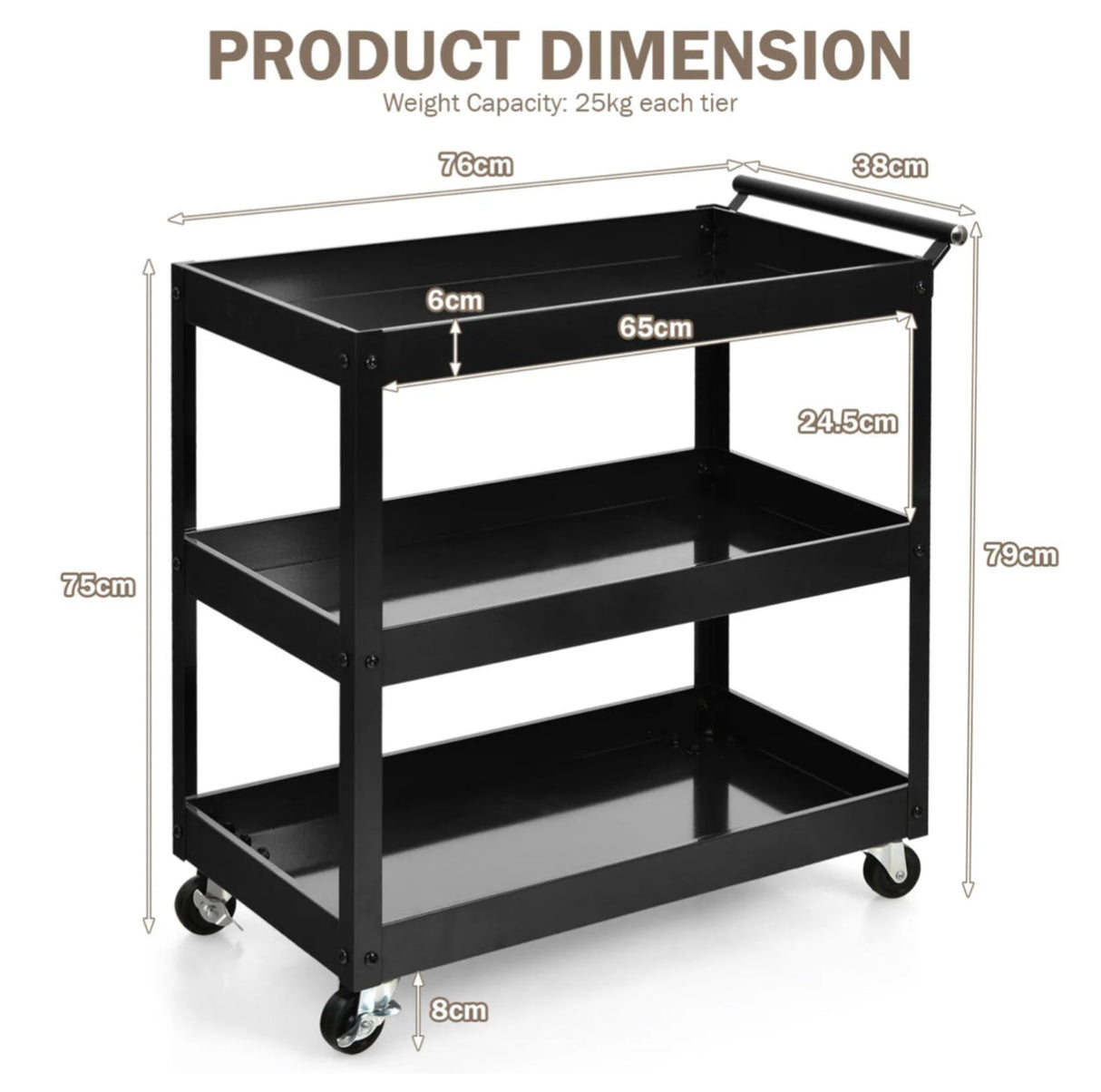 3-Tier Utility Cart Metal Storage Service Trolley with Brake Wheels