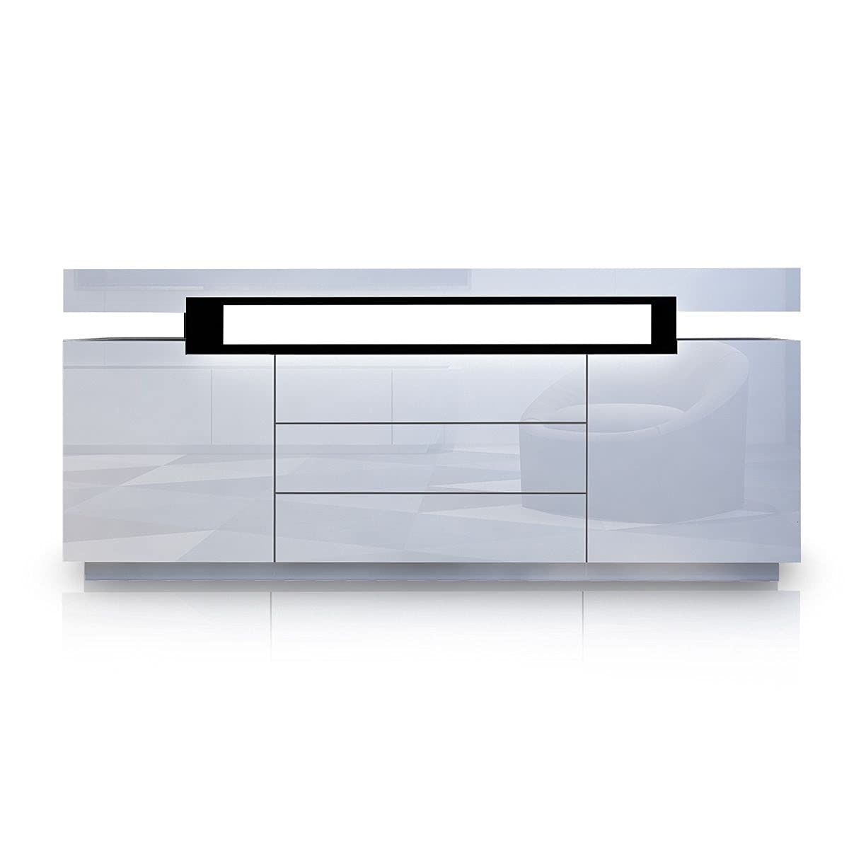 Buffet Sideboard Cabinet Storage High Gloss Front with 2 Doors & 3 Drawers Bedroom Living Room Furniture White 160CM