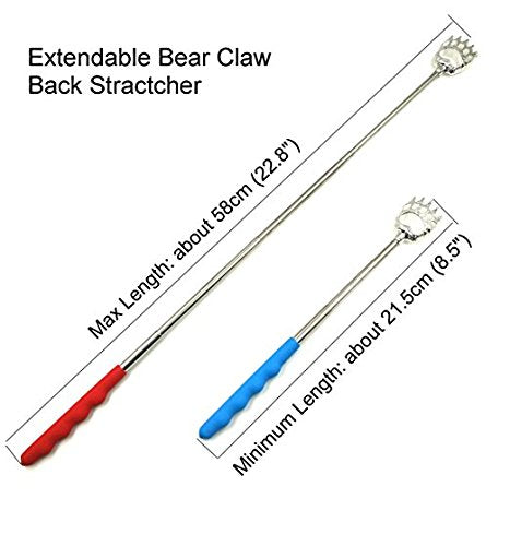 2 in 1 Telescopic Back Scratcher & Bottle Opener, (2-Pack) Portable Extendable Telescoping Bear Claws Metal Back Scratchers & Bottle Opener with Non-slip Rubber Handles (Red+Blue)