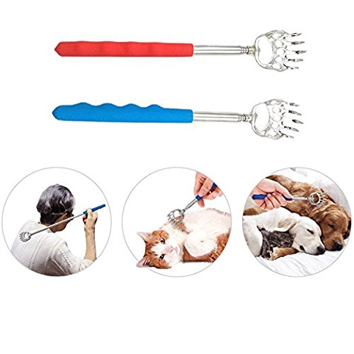 2 in 1 Telescopic Back Scratcher & Bottle Opener, (2-Pack) Portable Extendable Telescoping Bear Claws Metal Back Scratchers & Bottle Opener with Non-slip Rubber Handles (Red+Blue)