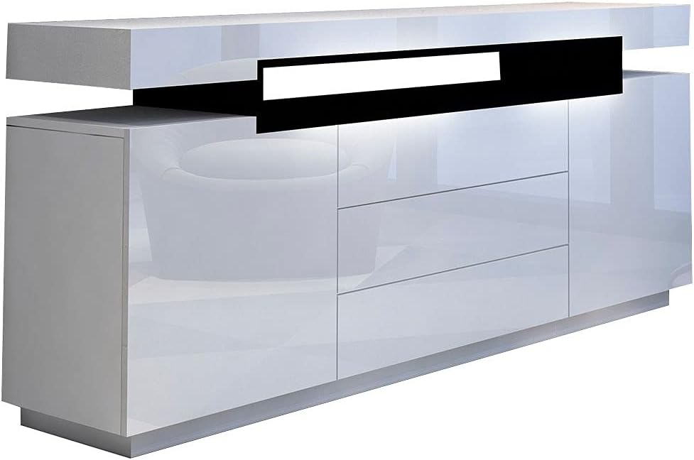 Buffet Sideboard Cabinet Storage High Gloss Front with 2 Doors & 3 Drawers Bedroom Living Room Furniture White 160CM