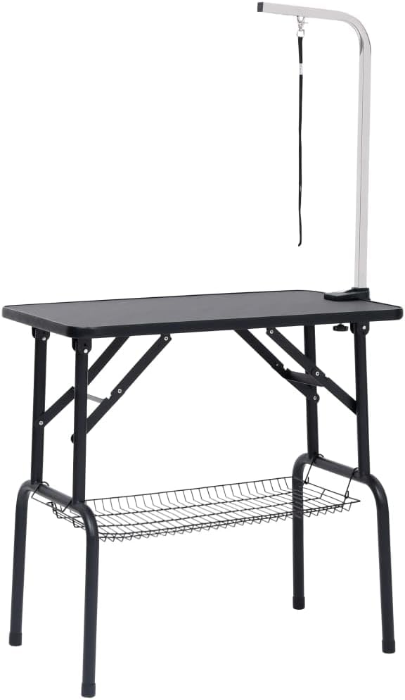 Dog Grooming Table - Adjustable and Foldable with Non-Slip Surface, Storage Basket, Stainless Steel Arm. Perfect for All Sizes and Breeds.