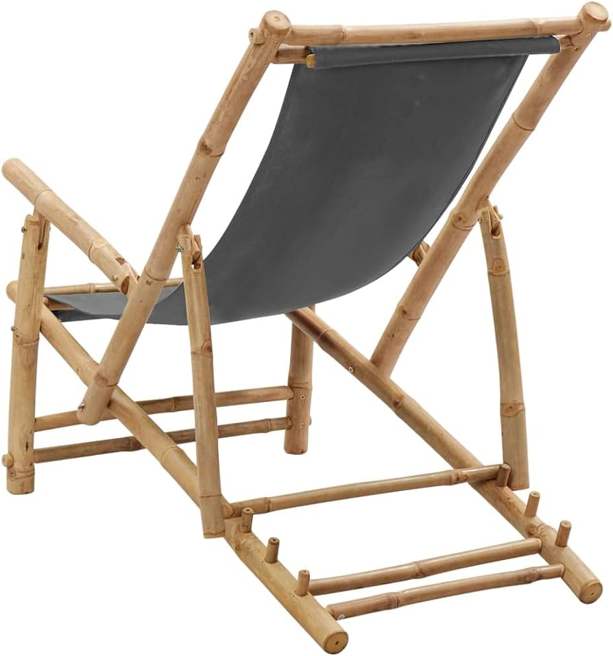 Deck Chair - Adjustable and Foldable Bamboo Garden Chair with Canvas Fabric, Dark Grey, Ideal for Patio/Garden/Terrace