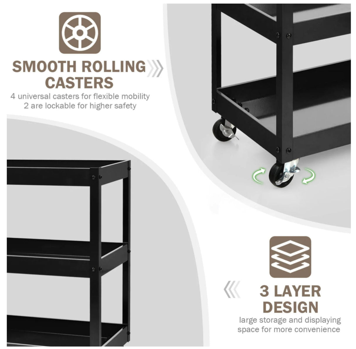 3-Tier Utility Cart Metal Storage Service Trolley with Brake Wheels