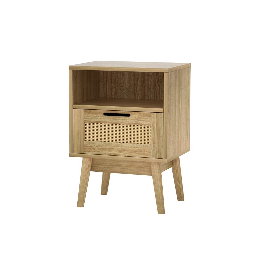 Bedside Table Rattan Bed Side Tables Storage Small Narrow Desk Chest of Drawers, with 1 Drawer and Shelf, Bedroom Furniture Tallboy Lamp Stand Nightstand Cabinet in 54cm Height