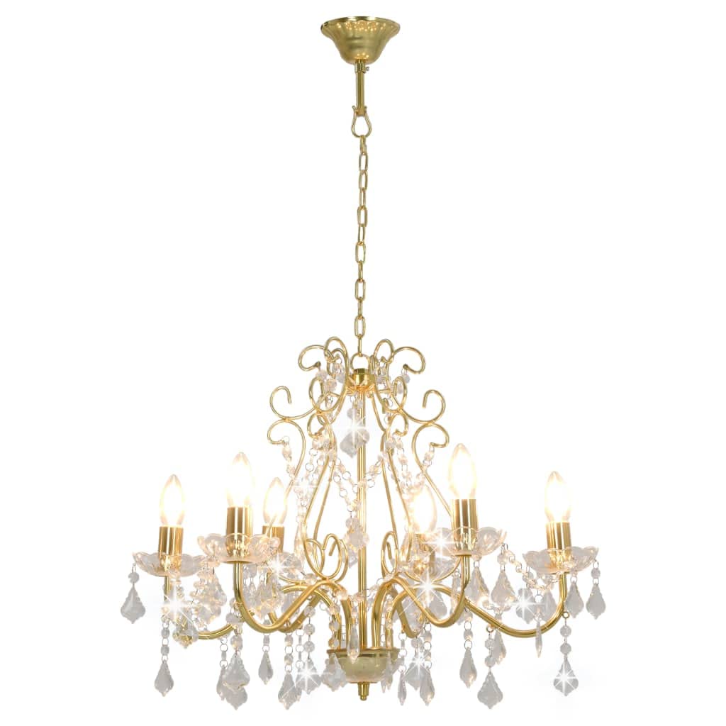 Chandelier with Crystal Beads Living Room Bedroom Lighting Hanging Pendant Lamp Home Decorative Light Display Golden Round 6 x E14