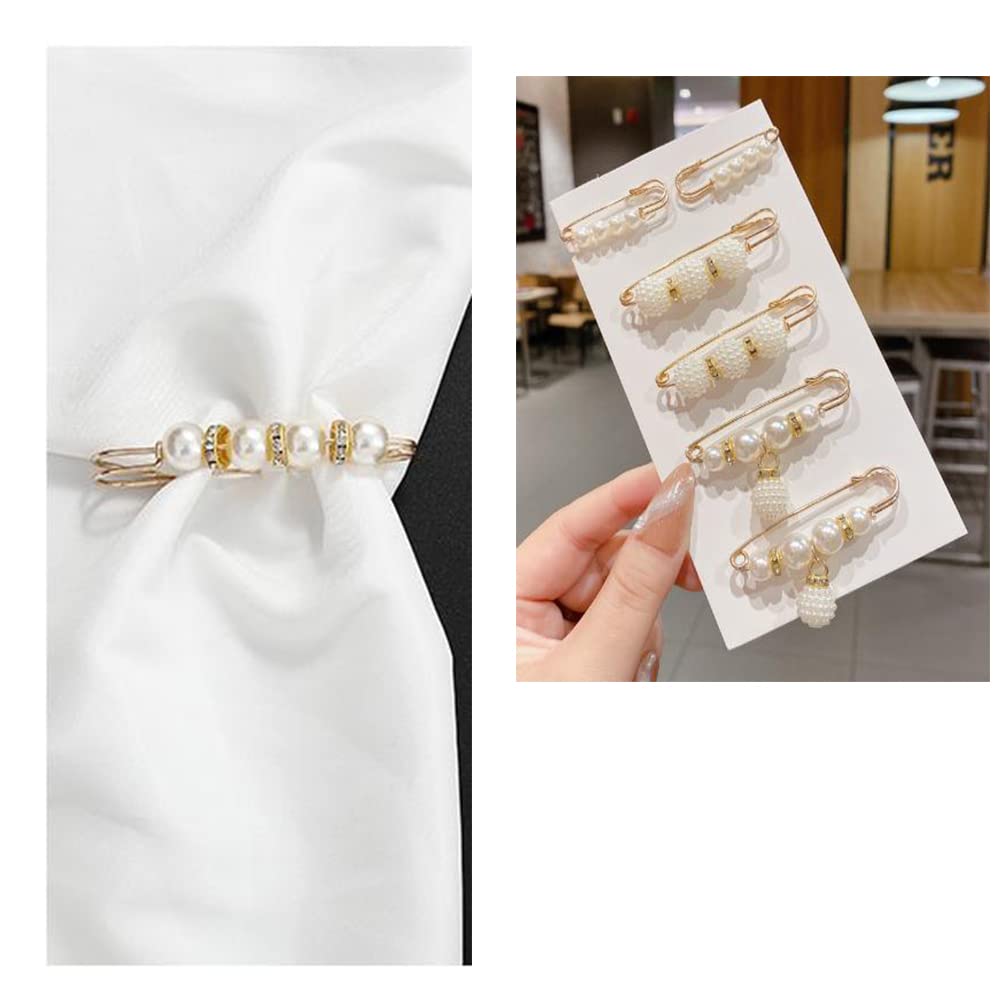 Pearl Brooch Pins for Women, Pearl Sweater Shawl Clip Waist Pins for Dress Pants Cardigan Safety Pin Shirt Dress Pins White Pearl Brooches for Women 6pcs