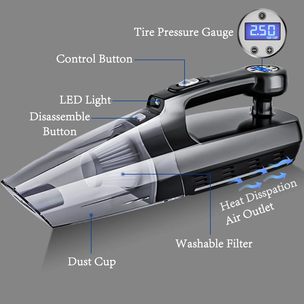 4-in-1 Car Vacuum Cleaner Tire Inflator - Portable High Power Handheld Car Vacuum Cleaner 7000PA/130W/DC 12V with LCD Tire Pressure Display LED Light Wet/Dry Air Compressor