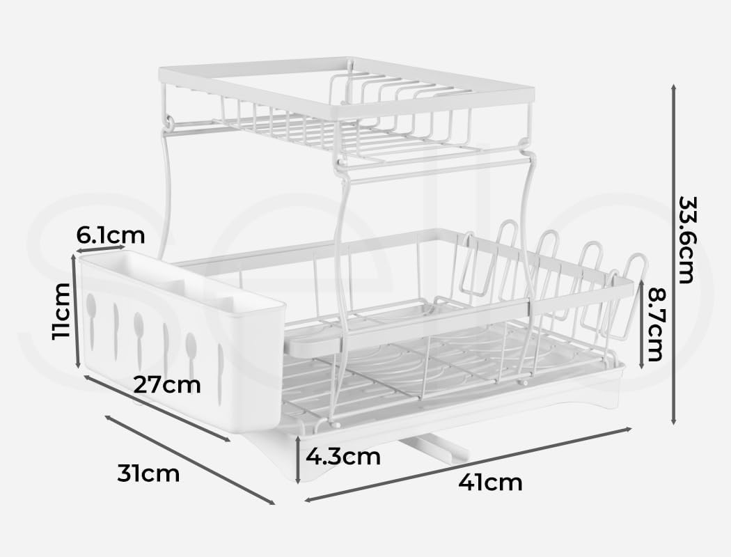 Detachable Dish Drying Rack Cutlery Drainer Utensiles Organizer Cup Kitchen Storage Drainage Board 2 Tier White