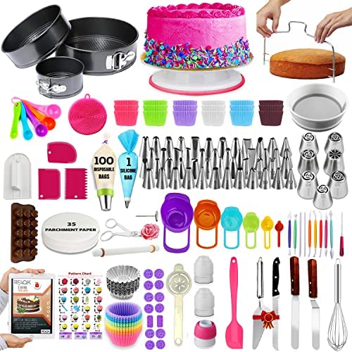 Cake Decorating Supplies, 500 PCs Cake Decorating Kit 3 Springform Cake Pans, 48 Piping Icing Tips, 7 Russian Nozzles, Cake Rotating Turntable, Chocolate Mold, Baking Supplies, Cake Baking Tools