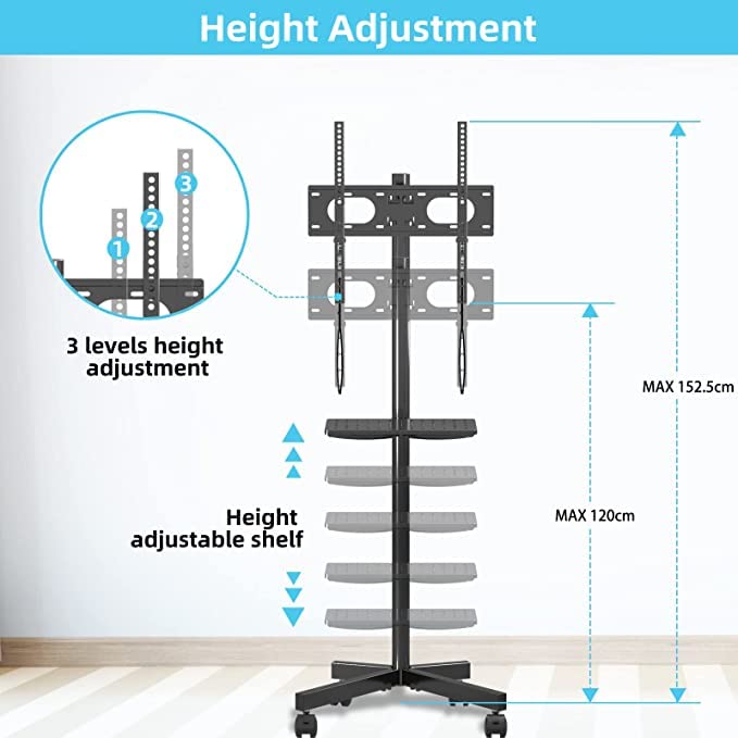 Mobile TV Carts on Wheels for 21-60 Inch Flat/Curved Panel Screens TVs - Height Adjustable Floor Trolley Stand with Shelf Holds up to 77lbs - Max VESA 400x400mm