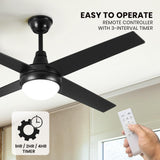 52" Ceiling Fan with Light Remote Control, Wood Ceiling Fans with 4 Blades, 6 Speed DC Motor, Indoor Outdoor Ceiling Fan for Patio, Bedroom, Living Room, Office, Black