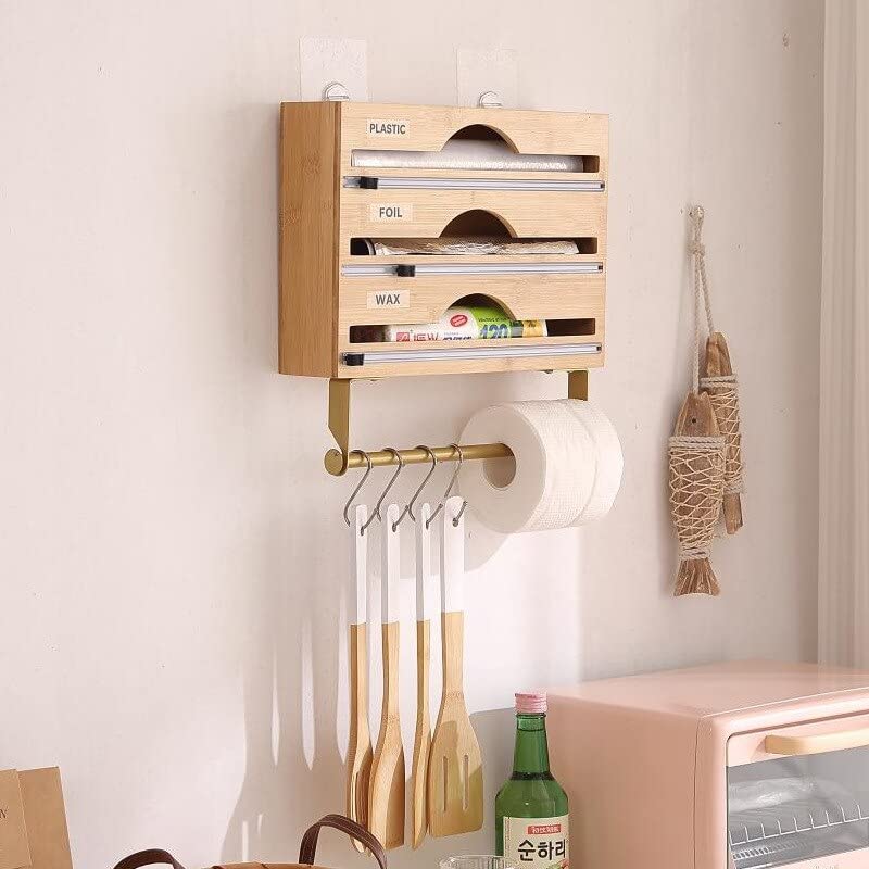 Kitchen Storage Organizer Cling Wrap Food Dispenser Wall Mounted Bamboo Cling Wrap Dispenser with Tissue Rack Kitchen Organizers